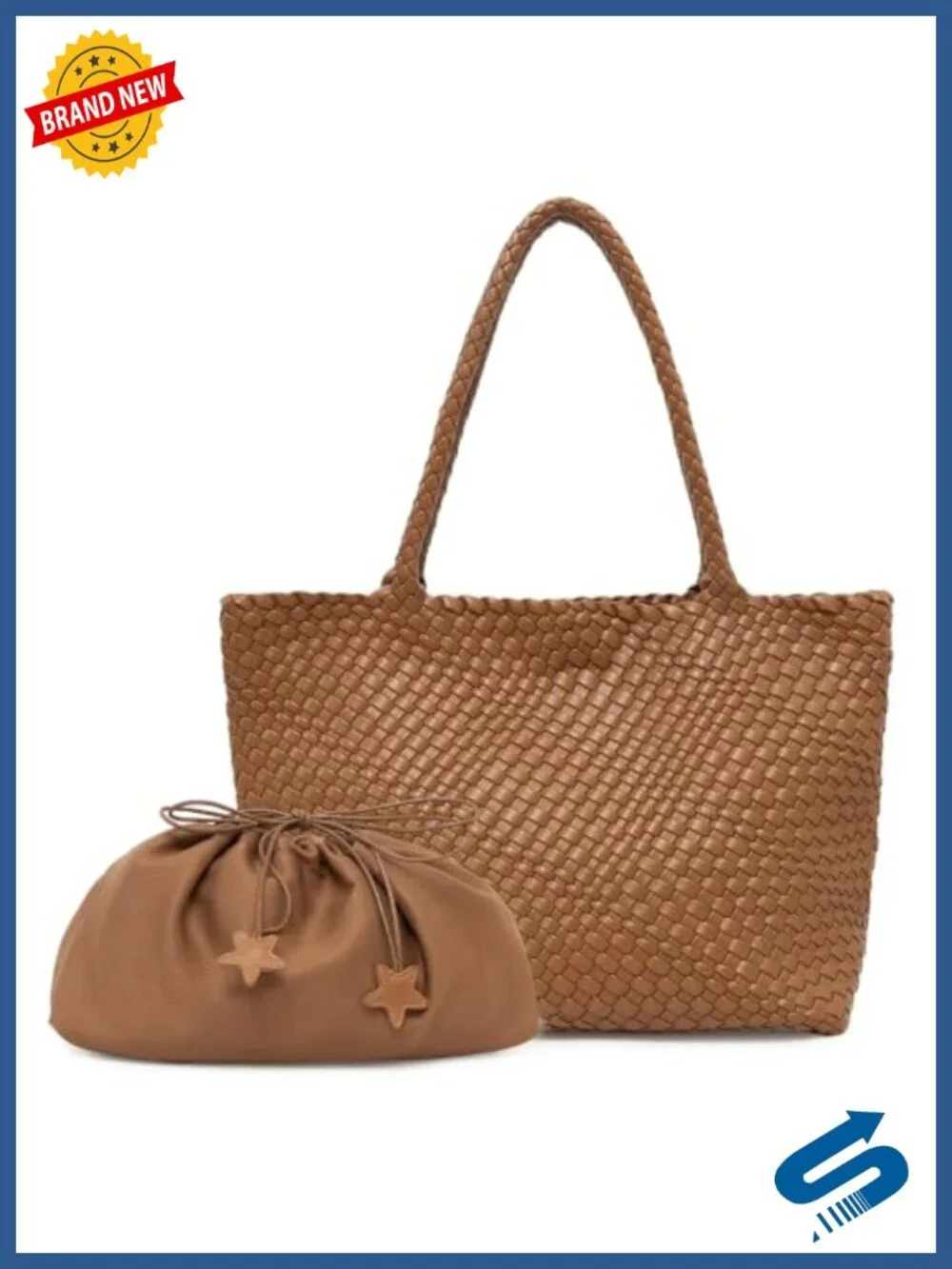 Handwoven Faux Leather Tote with Pouch, Large Vegan Leather Shoulder Purse for